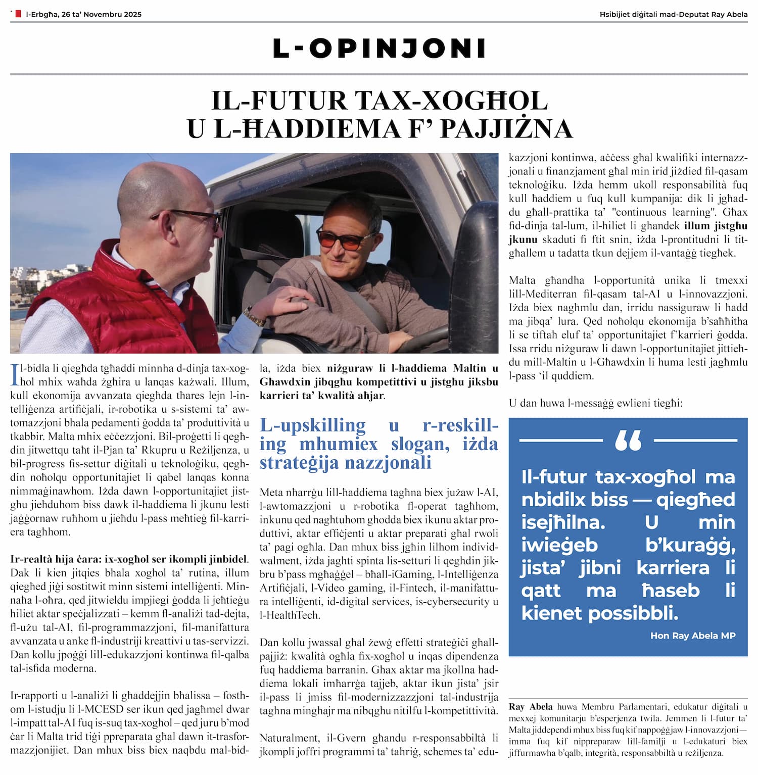 Ray Abela — article excerpt, L-Opinjoni, November 26, 2025
